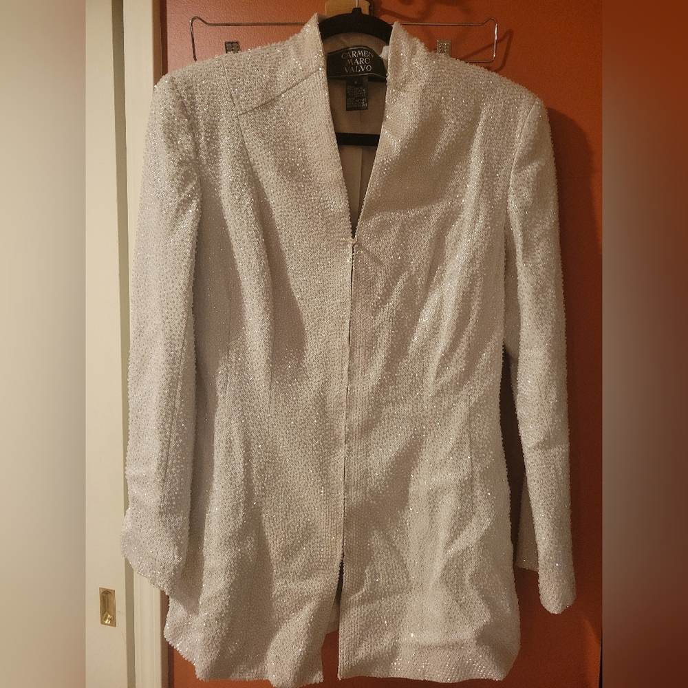 Carmen Marc Valvo Cream Beaded Jacket With Shimmery Skirt